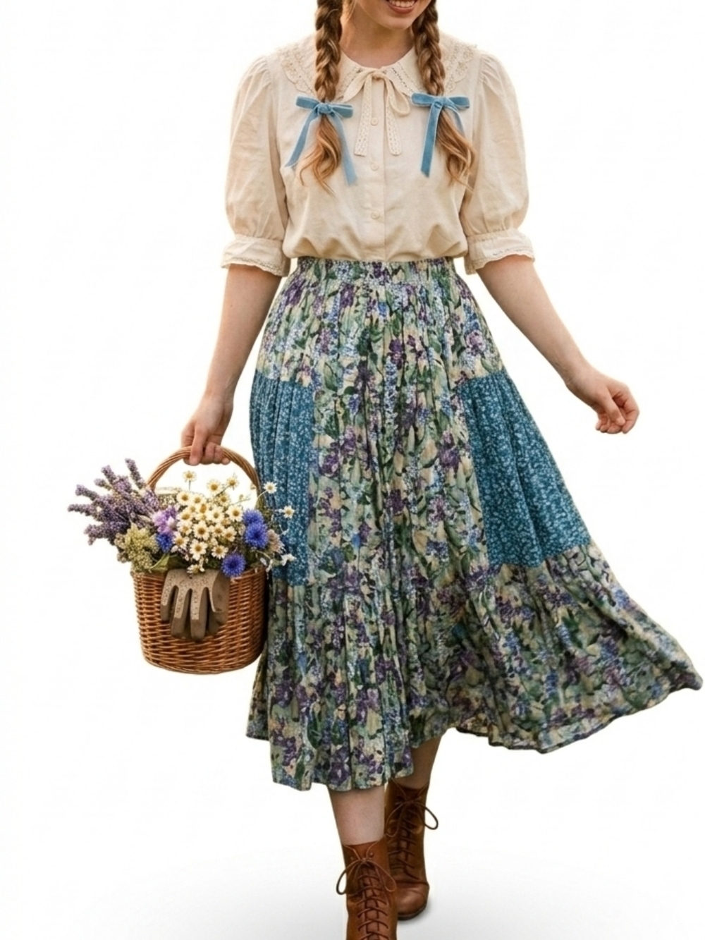 Vintage Floral Patchwork Midi Skirt Boho Cottagecore Stretchy Waist Blue Green